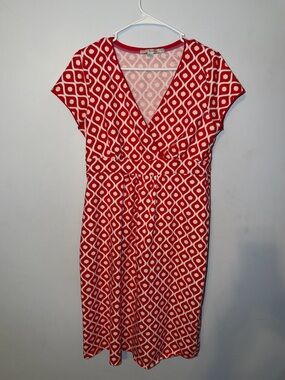 Boden Red and White Geometric V-Neck Midi Dress